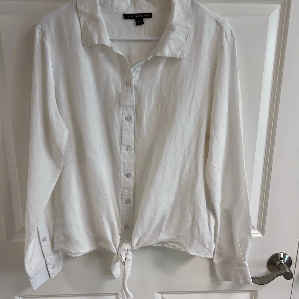 Boston Proper Linen Blend White Button-Down Shirt - Picture 3 of 7